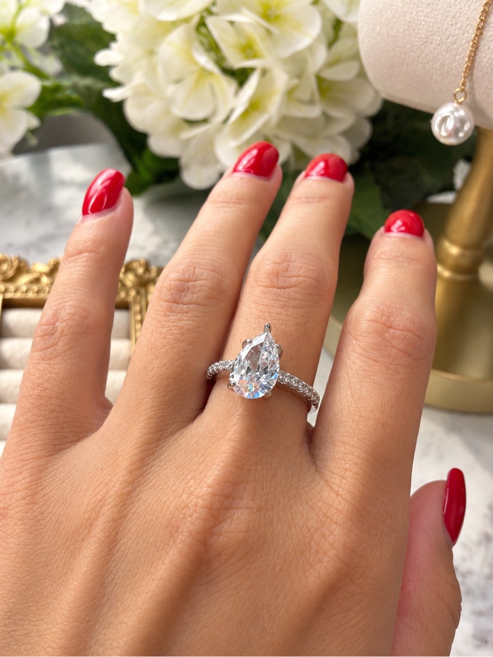 Classic Silver Pear Halo Diamond Engagement Ring